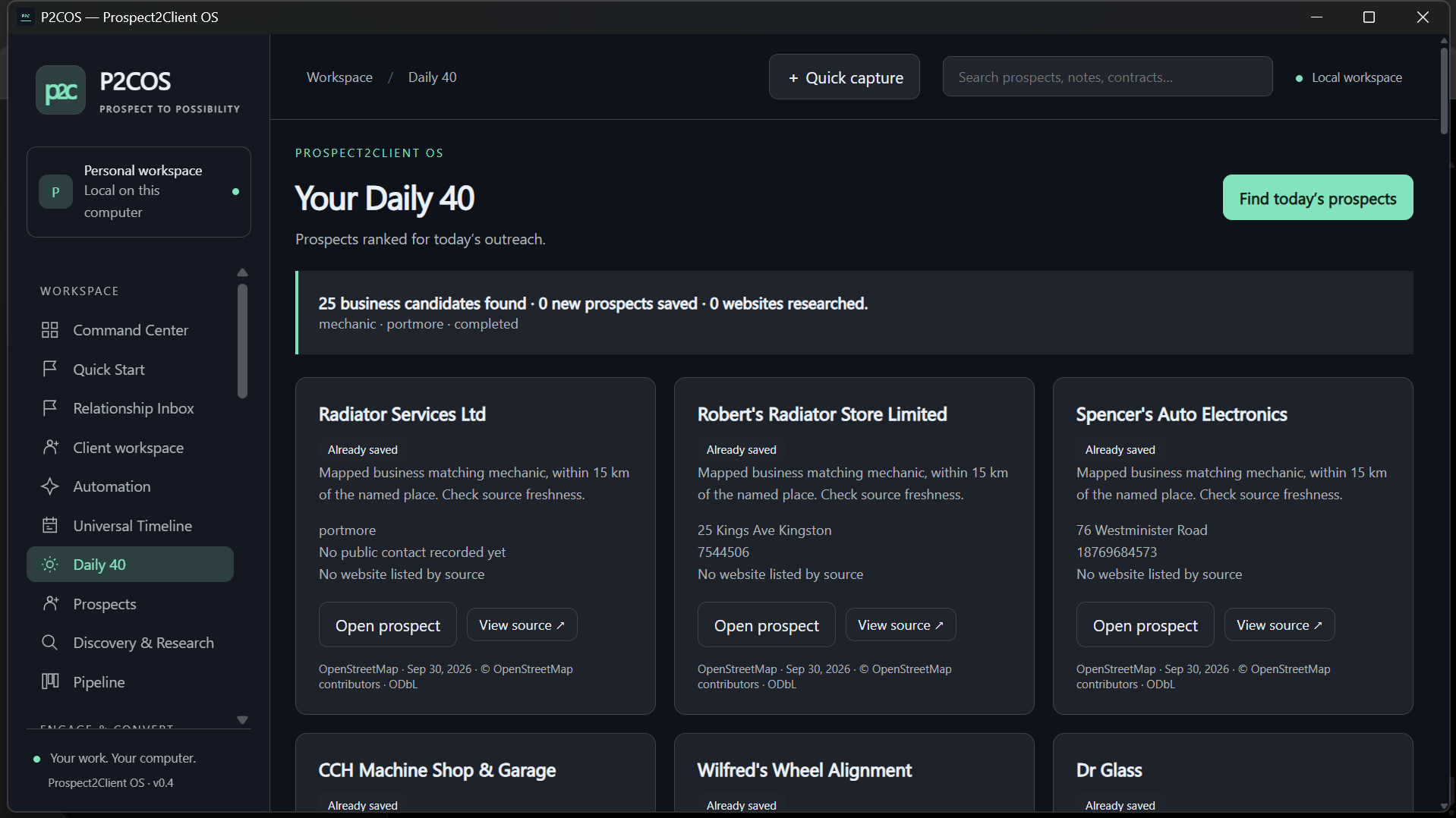 P2COS Daily 40 prospect queue