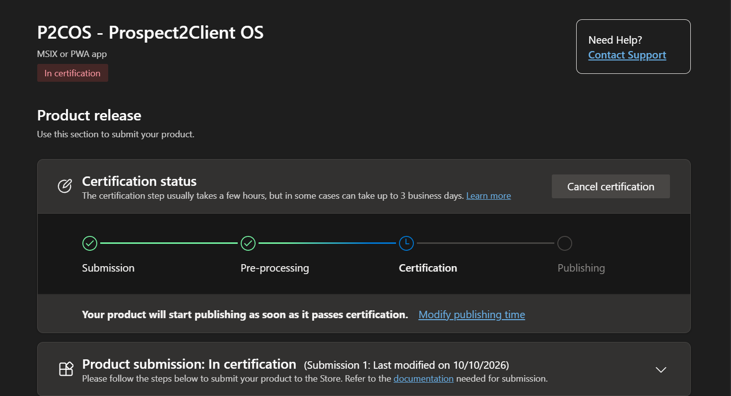 Microsoft Partner Center showing P2COS Prospect2Client OS in certification, with submission and pre-processing completed and publishing pending